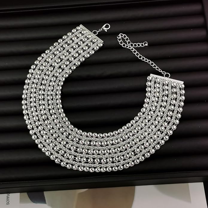 Women Statement Necklace Metal Beaded Chunky Necklace Collar Fashion Party Jewelry