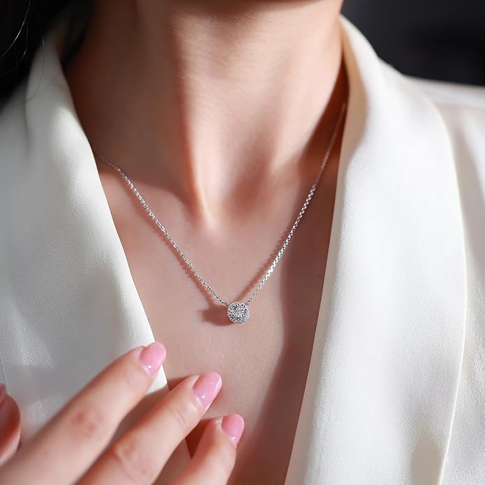 Sterling Silver Lab Grown Diamond Halo Pendant Necklace, Chain Included,ideal gift for anniversaries, birthdays, or any milestone celebration