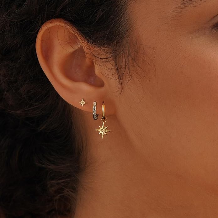 Gold Plated Earrings for Women, 14k Gold Plated Earring Stack Hypoallergenic Pearl Drop Earring Dainty Earrings for Women Trendy Cute Small Huggie Hoop Earring Fashion Womens Jewelry