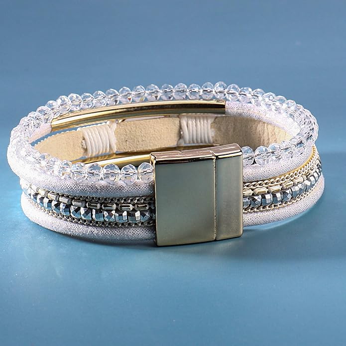 FANCY SHINY Leather Wrap Bracelets Crystal Beads Bracelet Boho Cuff Stone Charm Bracelets with Clasp Costume Jewelry for Women