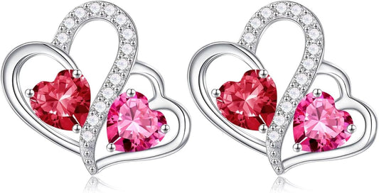 Iefil Valentines Day Gifts for Her - Birthstone Earrings Gift for Women, 925 Sterling Silver Double Heart Birthstone Earrings | Anniversary Birthday Gifts for Women, Personalized Jewelry for Wife Mom
