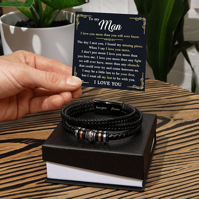 Mapileng To My Man – Braided Leather & Stainless Steel Bracelet with Heartfelt ‘Love You Forever’ - Elegant Gift Box Included, Gift from Girlfriend or Wife for Husband, Boyfriend, or Brother