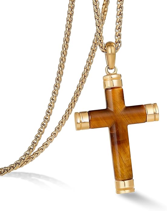 GTMJ Cross Necklace for Men -Stainless Steel & Gemstone Adjustable Box Chain 24-26in, Spiritual Jewelry Gift for Him, Everyday Wear