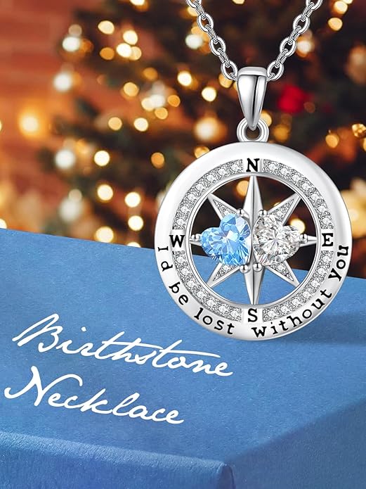 JIYVY32 Compass Birthstones Necklace for Women, Exquisite S925 Necklace Anniversary Birthday Gifts for Wife Her Double Birthstone Pendant jewelry ‘I'd be Lost Without You’