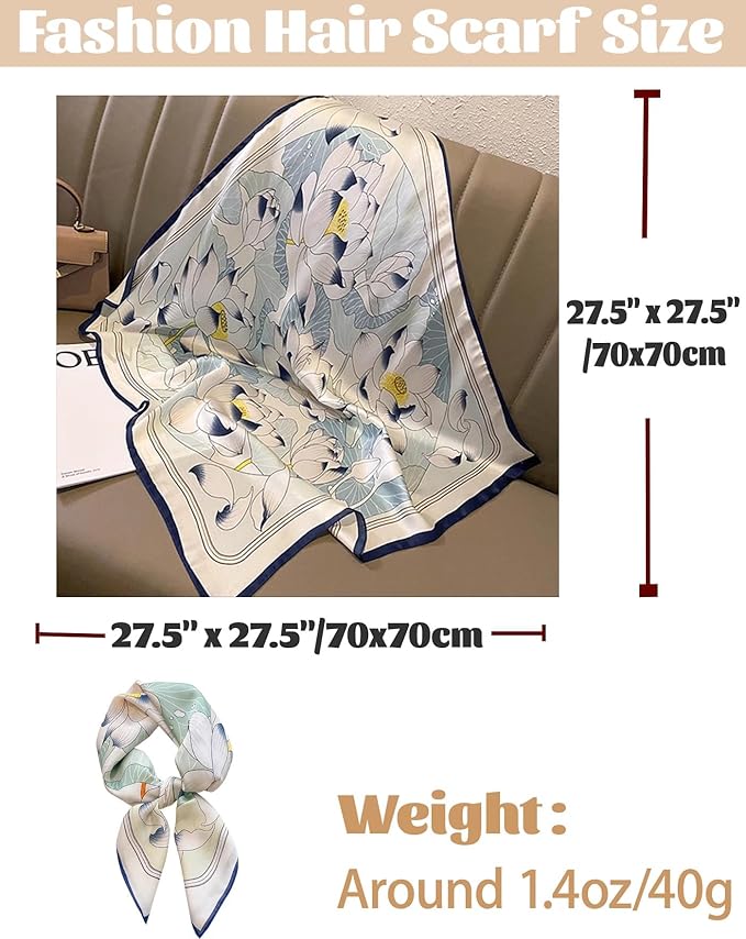 kcctoo 27.5" Mulberry Silk Feeling Head Scarf Women's Fashion Square Neck Satin Scarfs for Bag Hair Scarves Gift