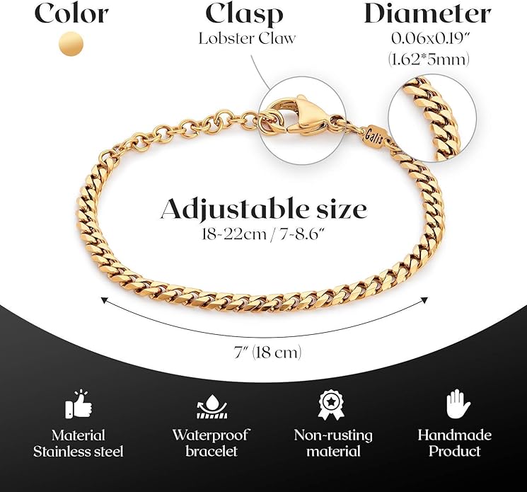 Galis Mens Bracelet - Cuban Link or Box Chain Layered Chain For Men - Premium Stainless Steel, Gift for him, Gold, Silver, Black Bracelet For Men 7-8" Size, 3-5mm Thick