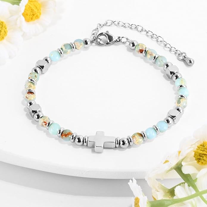VIBILIA Cross Beaded Bracelets for Women, Inspirational Natural Heart Religious Bracelets for Women, Birthday Christian Gifts for Women on Thanksgiving Christmas Gifts