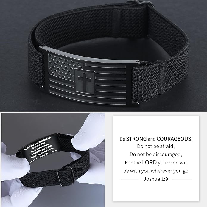 LDOWWGL Valentines Day Gifts - Mens Bracelet - American Flag Christian Cross Bracelet for Boys - Adjustable Black Elastic Stretch Strap with Bible Verse - Gift for Son Grandson