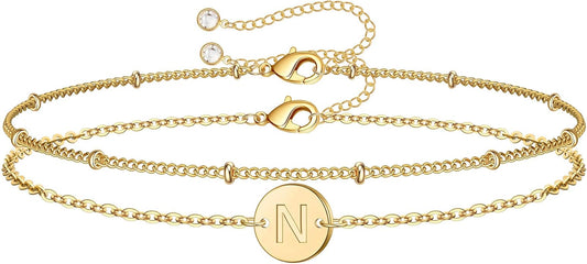 MONOZO Gold Initial Bracelets for Women Girls Christmas Gifts - Dainty 14K Gold Plated Layered Beaded Letter Initial Bracelet 26 Alphabet Disc Monogram Charm Bracelet Jewelry Christmas Gifts for Women