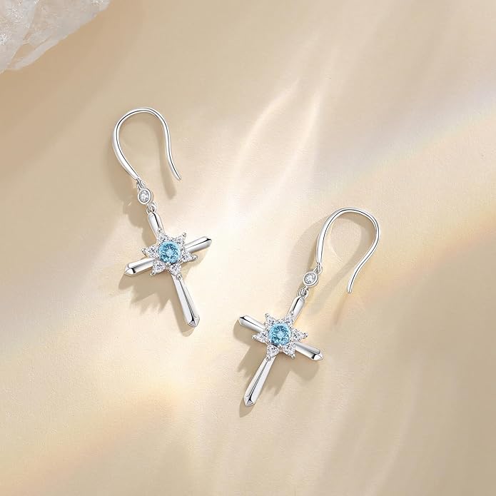 FANCIME Cross Dangle Drop Earrings 925 Sterling Silver Dainty Round Birthstone Earring Fine Jewelry Birthday Gifts for Her Women