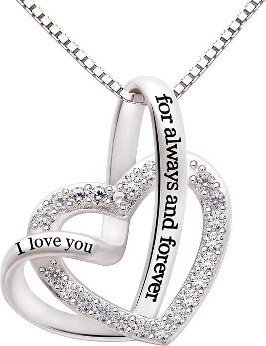 ALOV Jewelry Sterling Silver "I love you for always and forever" Love Heart Cubic Zirconia Necklace