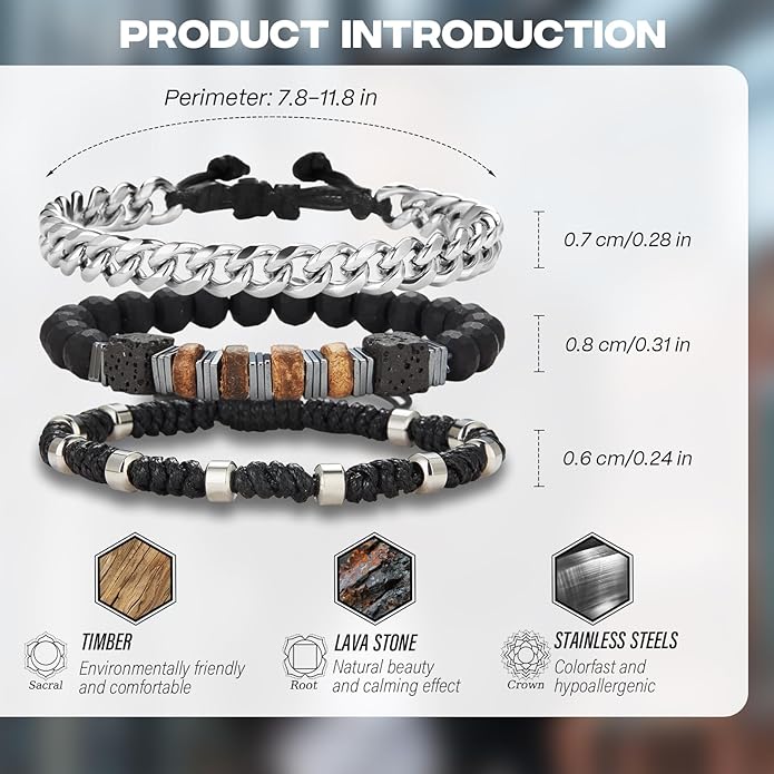 3pc Mens Beaded Bracelets Silver Stainless Steel Chain Bracelet for Men Handmade Braided Bracelet Sets Jewelry Gifts for Men