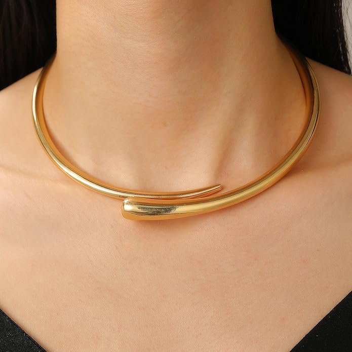 Chunky Plated Gold Necklace for Women Trendy Open Cuff Gold Collar Teardrop Thick Choker Gold Plating Statement Necklaces