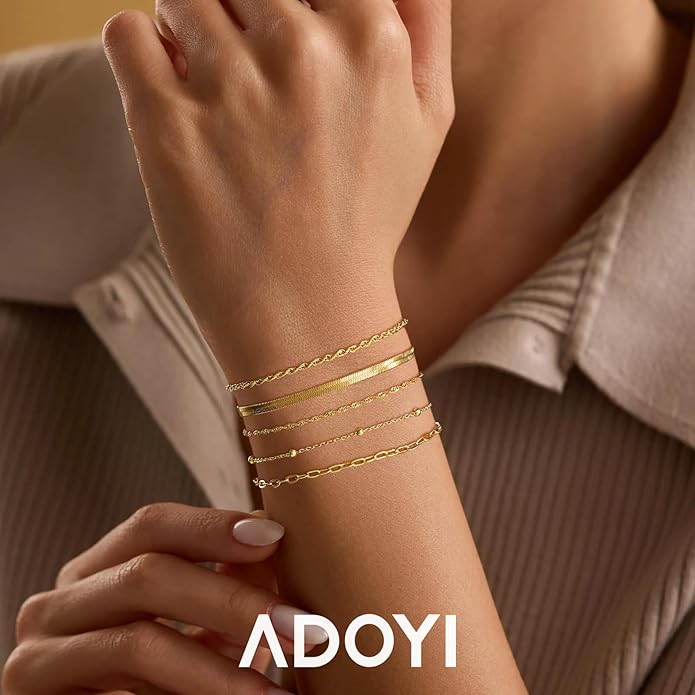 adoyi Gold Bracelets for Women, 14K Gold Plated Stackable Bracelet Stack Set Adjustable Charm Paperclip Chain Cuban Link Layered Waterproof Jewelry Sets Gifts for Womens 6.0/6.8/7.2"