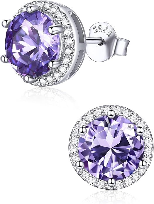 ChicSilver 925 Sterling Silver Birthstone Earrings for Women, 8MM/2 Carat Heart & Round Cubic Zirconia Stud Earrings, Hypoallergenic Jewelry, Ideal Birthday or Christmas Gifts