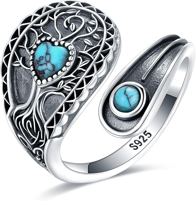 S925-Sterling-Silver Abalone Dragonfly-Turquoise Spoon Ring - Vintage Boho Sunflower Thumb Oxidized Wrap Rings Victorian Style Antique Floral Jewelry Gifts for Women