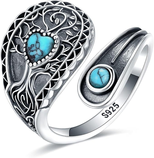 S925-Sterling-Silver Abalone Dragonfly-Turquoise Spoon Ring - Vintage Boho Sunflower Thumb Oxidized Wrap Rings Victorian Style Antique Floral Jewelry Gifts for Women
