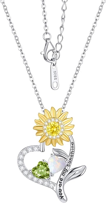 PERJI Valentine's Day Gifts for Women - 925 Sterling Silver Double Birthstone Sunflower Necklace, Anniversary Birthday Jewelry You are My Sunshine Gifts for Wife Couple Girlfriend 18"+2" Non Tarnish
