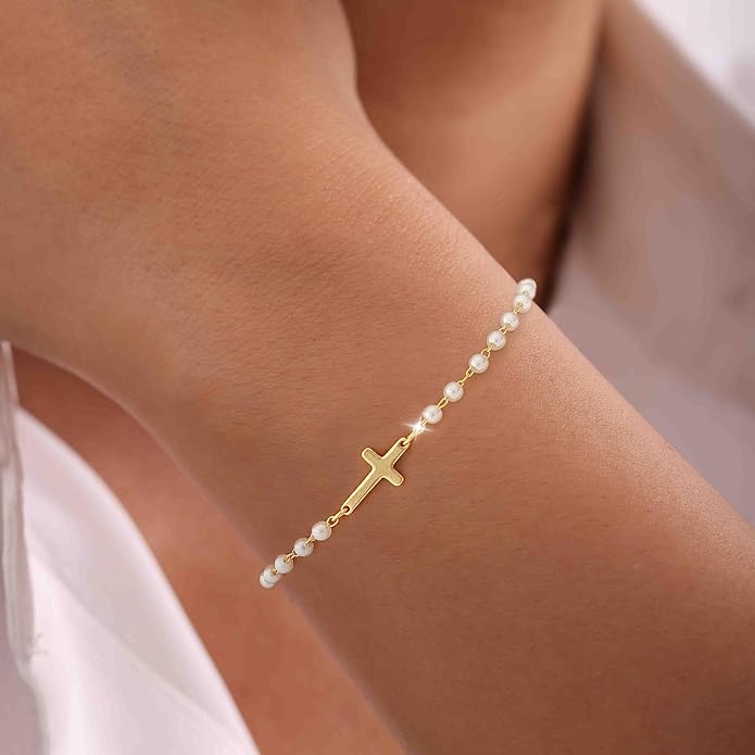 Moodear Christmas Gifts Sotcking Stuffers, Dainty 925 Sterling Silver/14k Gold Plated CZ Cross Bracelet Layered Snake Pearl Chain Knot Bracelets for Women Trendy Religious Christian Jewelry