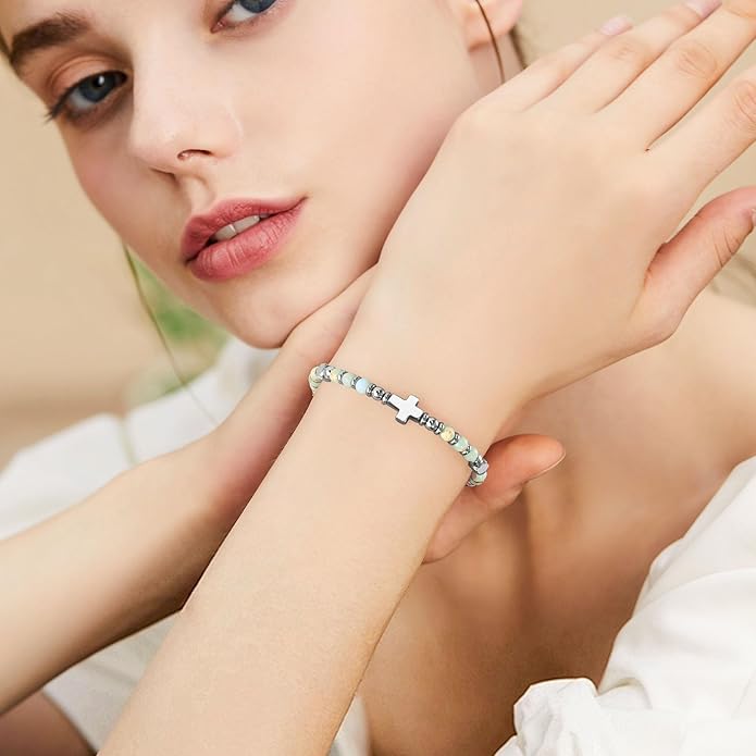 VIBILIA Cross Beaded Bracelets for Women, Inspirational Natural Heart Religious Bracelets for Women, Birthday Christian Gifts for Women on Thanksgiving Christmas Gifts