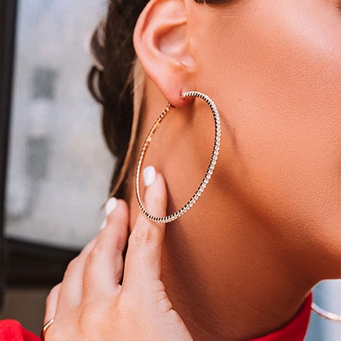 925 Sterling Silver Earrings Large Rhinestone Hoop Earrings Big Cubic Zirconia Hoop Earrings Thin Rhinestones Round Hoop Earrings for Women 20/30/40/50/60/70mm Sparkly Hoops With Crystals for Womens