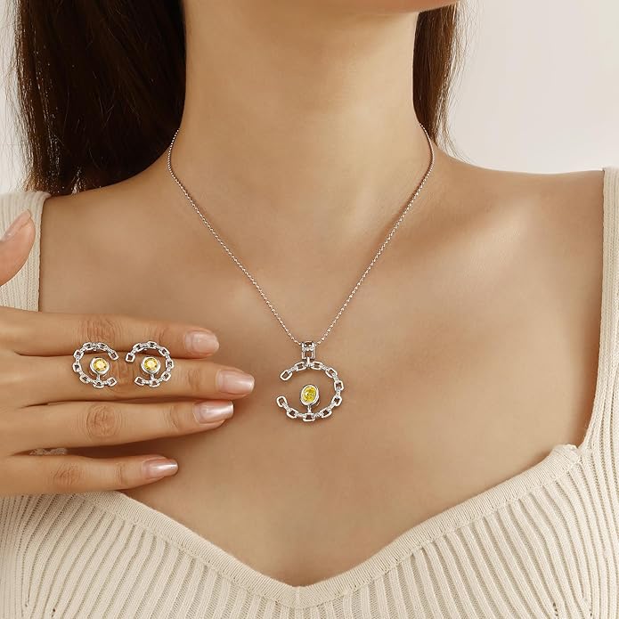 Ydou Elegant C-Shaped Crystal Necklaces/Stud Earrings Set with Birthstone Jewelry Set Silver Plated Fashion Jewelry for Women CS0003
