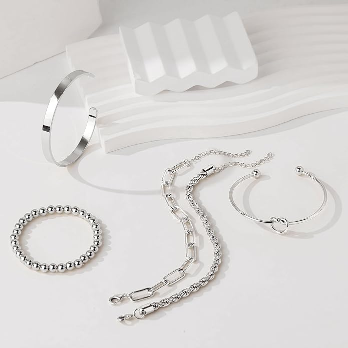 Gold Bracelets for Women Non Tarnish, 14K Gold Plated Chunky Cuff Bracelet Gold Bangles Bracelet for Women Trendy Tie Knot Cuban Rope Paperclip Beaded Bracelet Stack Jewelry Gifts