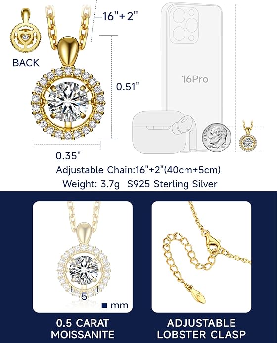 MomentWish Floating Necklace for Women, 0.5/1 Carat Dancing Moissanite Necklace for Her 925 Sterling Silver Pendant Anniversary Birthday Christmas Gift for Wife Mom Girlfriend