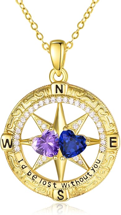 Zeuslia Double Birthstone Necklace Gifts for Wife - 925 Sterling Silver Sunflower/Rose/Crown Cross/Compass/Heart Pendant I Love You Necklace, Anniversary Birthday Gifts for Wife Girlfriend Mom Her
