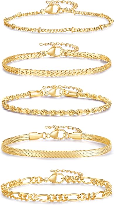 XIANNVXI Gold Plated Bracelets for Women Adjustable 14K Dainty Gold Bracelet Stack for Women Stackable Cuban Link Paperclip Chain Bracelet Set 5PCS Cute Trendy Bracelets for Present