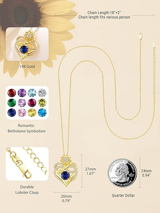 14K Gold Sunflower Birthstone Necklace for Women Infinity Love Heart Necklace Christmas Valentines Mothers Day Anniversary Birthday Gifts for Her Mom Wife Girlfriend Daughter