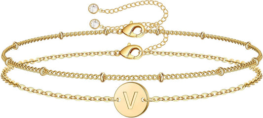 MONOZO Gold Initial Bracelets for Women Girls Christmas Gifts - Dainty 14K Gold Plated Layered Beaded Letter Initial Bracelet 26 Alphabet Disc Monogram Charm Bracelet Jewelry Christmas Gifts for Women