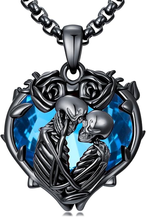 Flpruy 925 Sterling Silver Black Gothic Jewelry Gifts Skeleton Couple Pendant Crystal Birthstone Heart Necklace Punk Romantic Jewelry for Lover Men Women