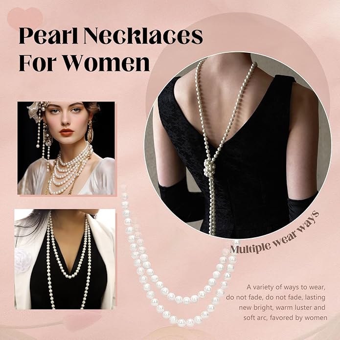 Long White Pearl Necklace 150cm/59 Adjustable Multi-Strand Faux Pearls for Women, Bridal Wedding Vintage Gatsby Jewelry for Party & Elegant Events