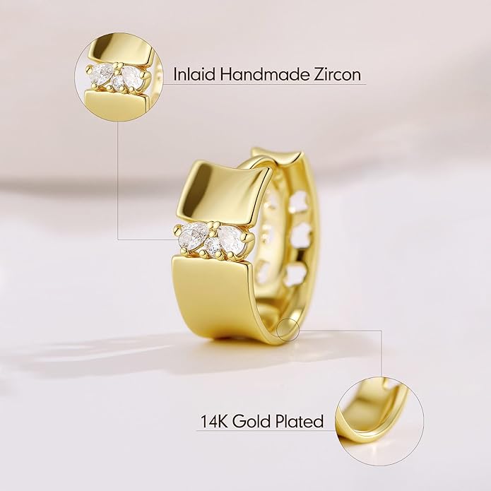 14K Gold & Rose Gold Hoop Earrings for Women, Chunky Huggie Half Hoops Earrings, Hypoallergenic Non Tarnish Cubic Zirconia Trendy Minimalist Everyday Jewelry Gift