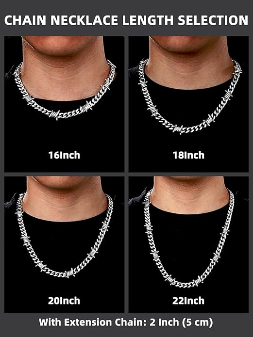Bestyle Barbed Wire Necklace 5/7/9/12mm Mens Chain Necklaces Hip-hop Punk Gothic Stainless Steel Chain Heavy Thick Cuban Link Chain for Men Women, Length 16/18/20 Inch