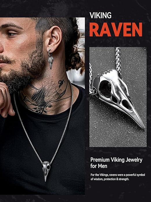 FaithHeart Viking Raven Necklace for Men, Norse Mythology Raven Skull Pendant Sturdy Stainless Steel Amulet Jewelry Gift for Men