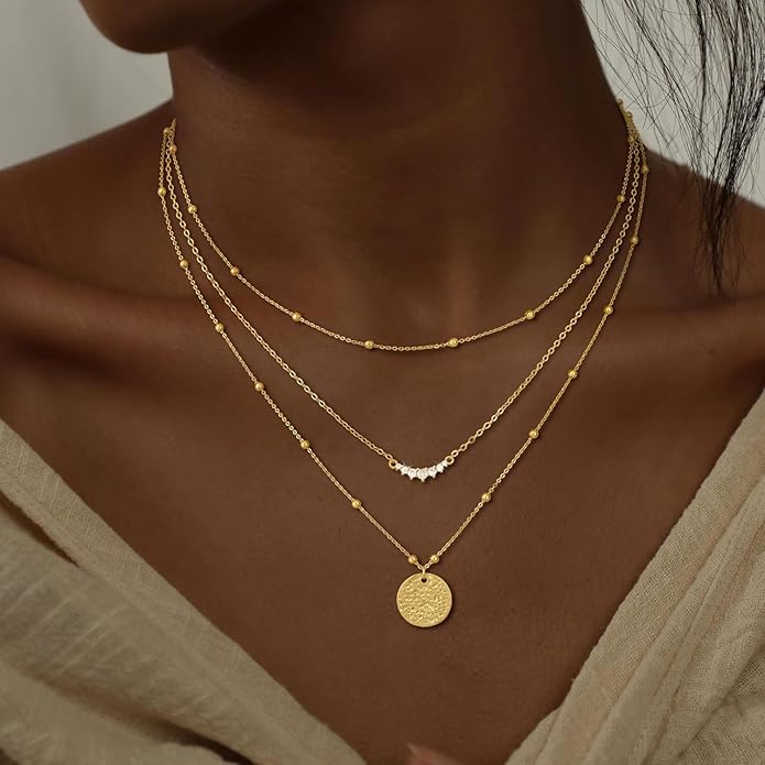 CHESKY 14K Gold Plated Layered Necklaces for Women,Dainty Gold/Silver Plated Chain Necklace CZ Pendant Necklace Adjustable Layering Choker Necklace jewelry Gifts