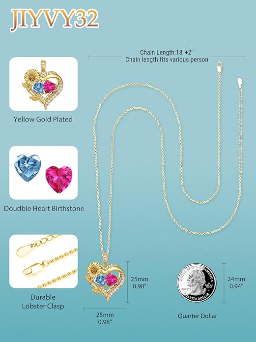Sunflower Heart Necklace for Women 14K Gold Exquisite Anniversary Birthday Gifts for Wife Mother Her Double Birthstone Pendant jewelry‘You Are My Sunshine’