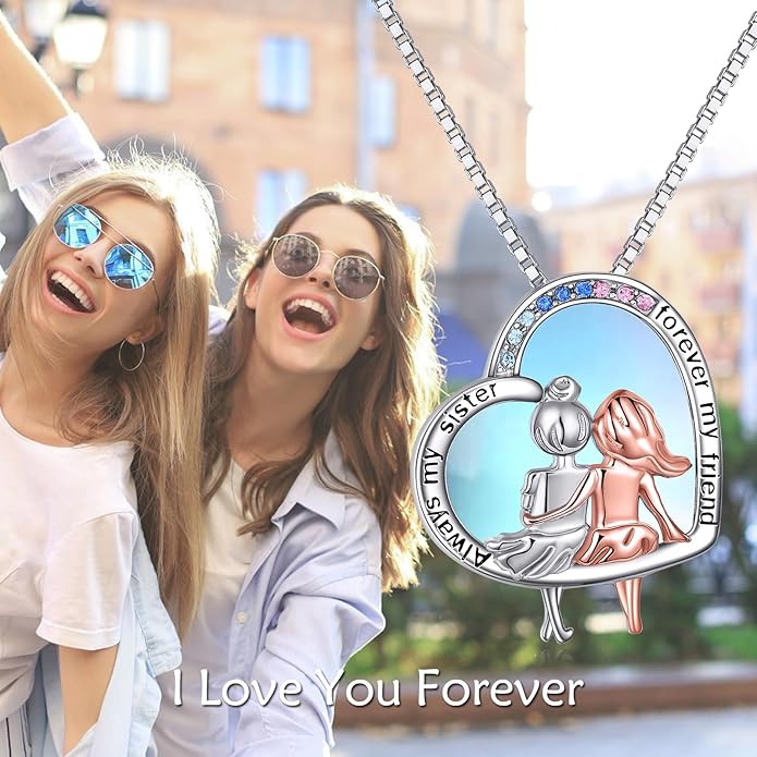 AOBOCO Gifts for Sister 2 3 Sisters Necklace for Women Sterling Silver Sister Crystal Pendant Jewelry Birthday Christmas Gifts for Friend Female Friendship Lasts Forever