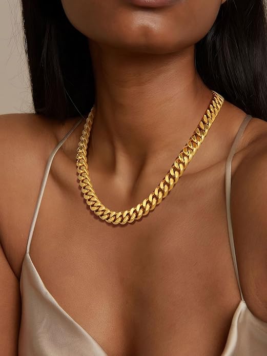 ChainsPro Chunky Cuban Link Chain Necklace for Women,Stainless Steel Silver/Gold Plated Thick Choker, 5/12/14mm Width,18" and 20" Punk Hip Hop Trendy Jewelry Gifts