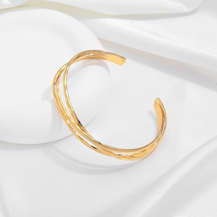Gold Cuff Bracelet for Women Chunky Multi-layer Cross Wire Open Bracelet Hollow Wide Cuff Bracelets Adjustable Gold Open Cuff Bangle Bracelet