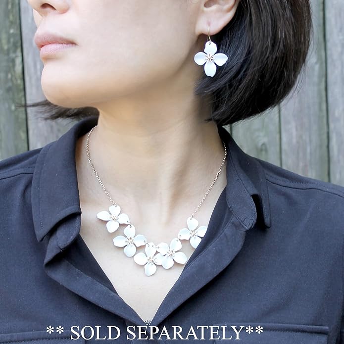 POMINA White Flower Statement Necklace for Women, Floral Bib Collar Necklace with Adjustable Chain, Flower Earrings, Elegant Costume Jewelry for Weddings, Gifts for Women