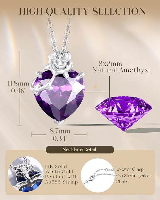 FANCIME 14K Solid White Gold Rose Pendant with Sterling Silver Chain Heart Birthstone Gemstone Fine Jewelry Christmas Gifts for Women Her