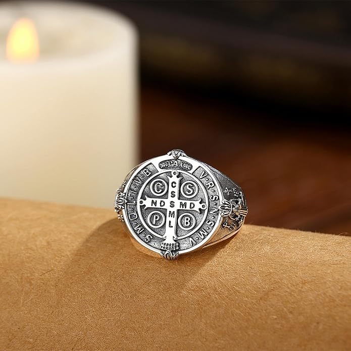 EUDORA S925 Sterling Silver St Benedict Ring San Benito Rings for Women Men, Vintage Ankh Cross Ring Saint Benedict Amulet Adjustable Rings Gifts for Women Mens Father Mother