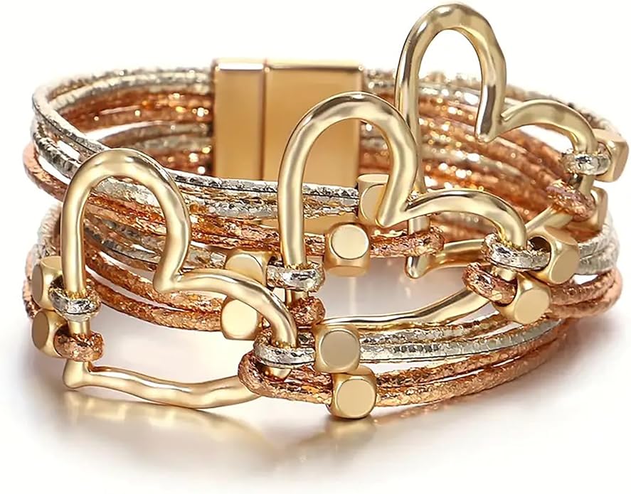 Fesciory Leather Wrap Bracelets for Women, Boho Leopard Multi-Layer Crystal Beads Cuff Bracelet Jewelry