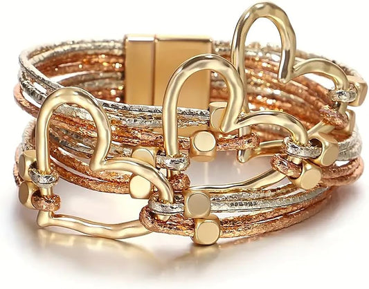 Fesciory Leather Wrap Bracelets for Women, Boho Leopard Multi-Layer Crystal Beads Cuff Bracelet Jewelry