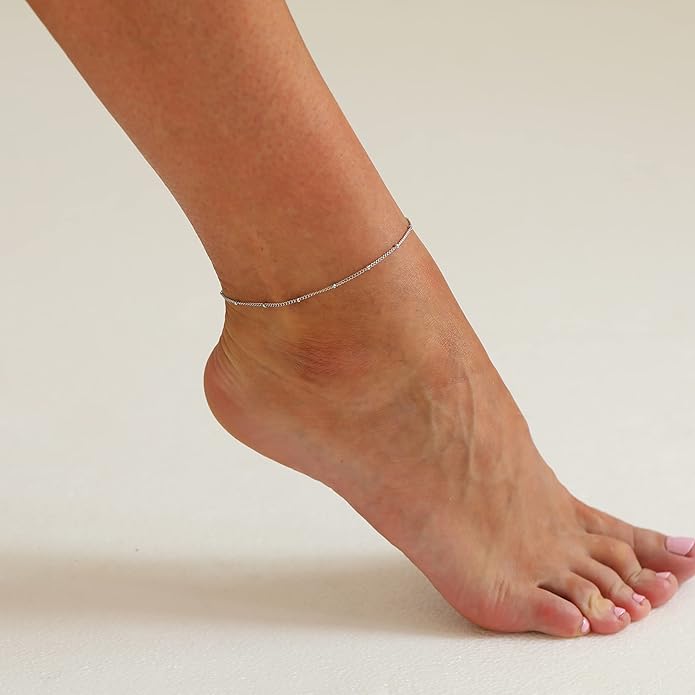 Dainty Ankle Bracelets for Women 18K Gold Plated Satellite Beaded Herringbone Chain Anklets Simple Lip Chain Anklet Minimalist Summer Beach Foot Jewelry Christmas
