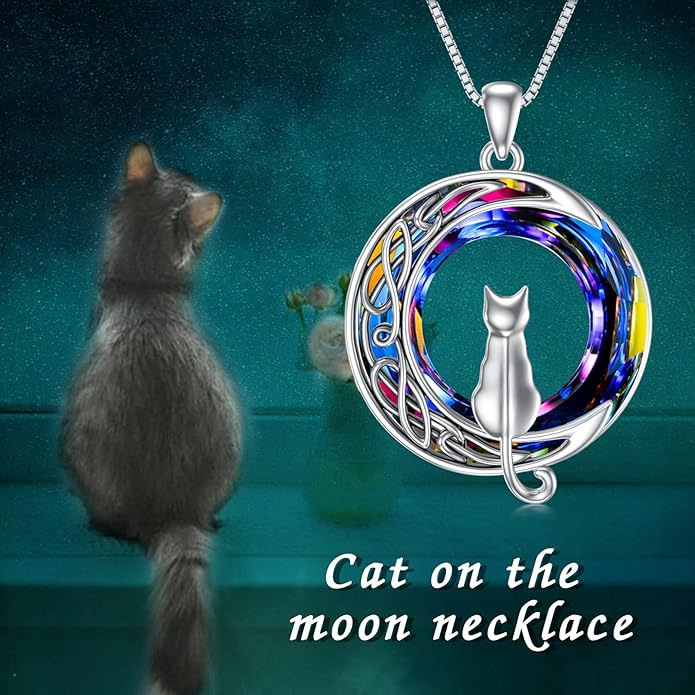 TOUPOP Christmas Cat Gifts for Cats Lovers One Two Three Four Cats Necklace Sterling Silver Cats on the Moon Pendant Necklace with Blue Circle Crystal Birthday Christmas Celtic Jewelry Gifts for Women