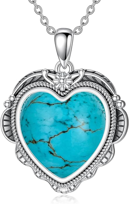 Genuine Turquoise Heart Necklaces for Women 925 Sterling Silver Blue Green Turquoise Pendant Vintage Western Jewelry Gift for Mom Wife Her